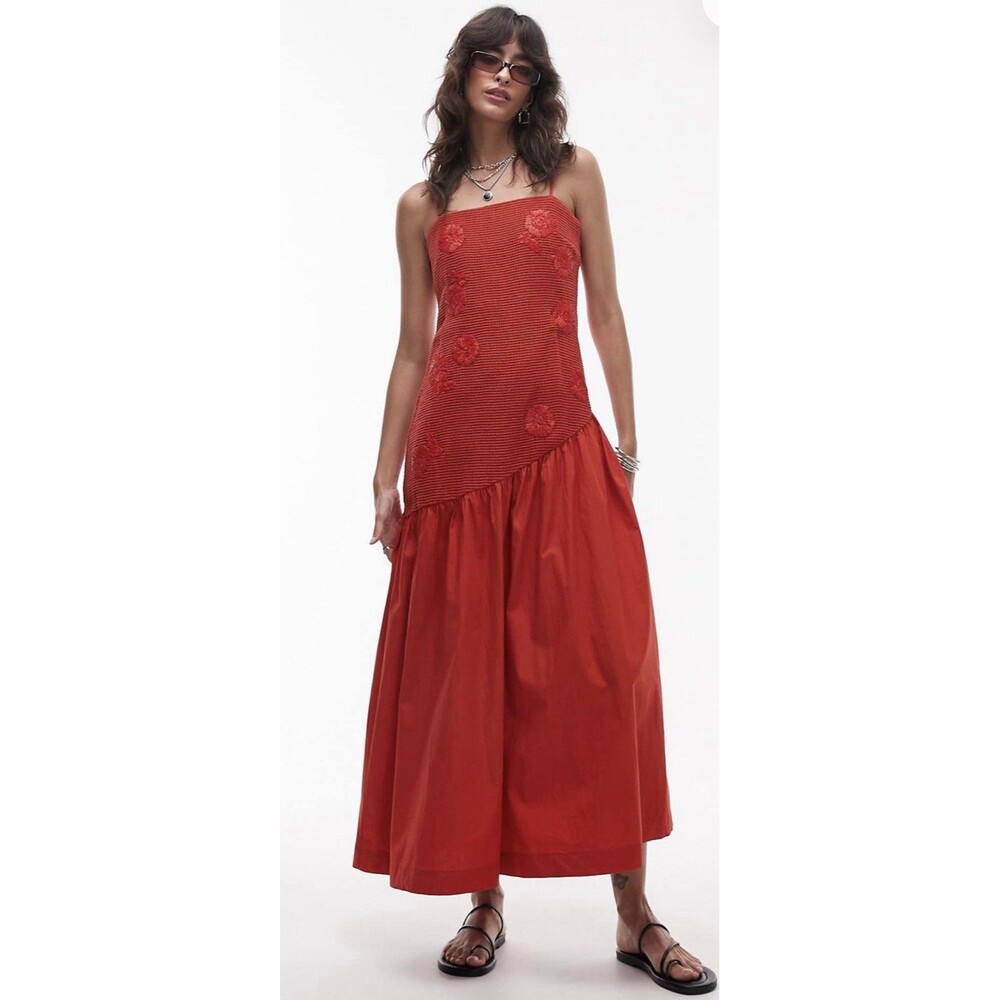 Topshop Drop Waist Raffia Bodice Midi Red Sundress Size 12 NWT
